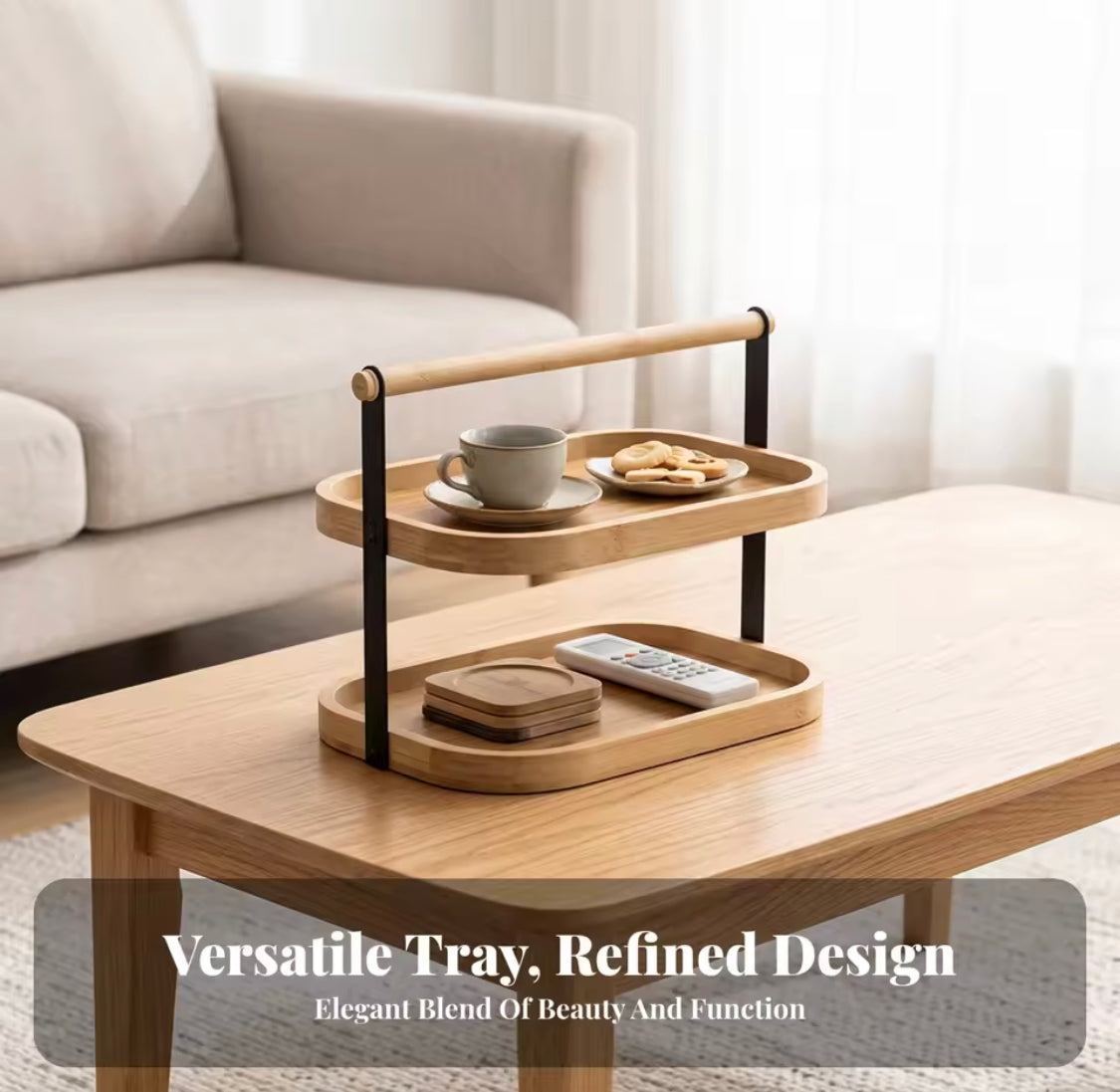 2 Tier Bamboo Kitchen Organizer, Nordic Bamboo Counter Rack, Multifunctional Serving Platter with Handle, Two Tier Serveware Tray