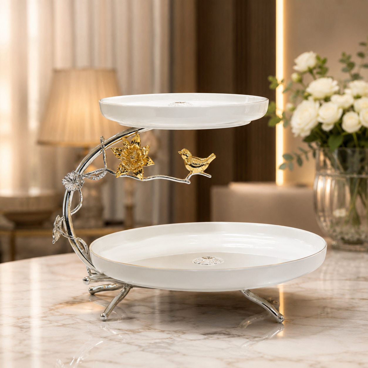2 Tier Ceramic Cake Stand with Gold Edge, Luxury Two Tier Fruit Stand, Elegant Ceramic Fruit Serving Stand
