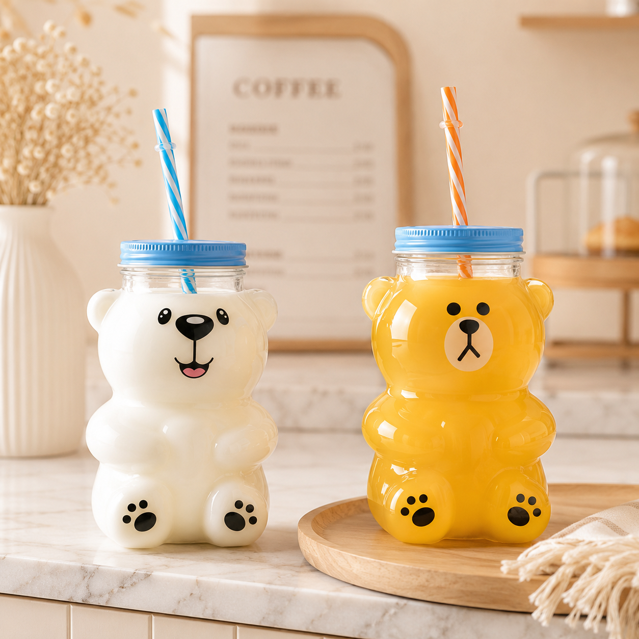 Kawaii Bear Beverage Cup, Plastic Bear Mason Jar Tumbler, Honey Bear Coffee Tumbler, Bear Water Cup With Straw