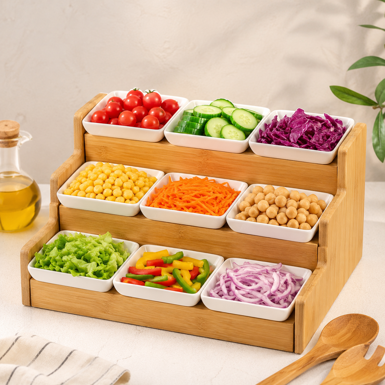 3 Step Bamboo Spice Rack Organizer, Wooden Salad Bar Organizer, Countertop Bamboo Display Stand for Kitchen, Multi Purpose Bamboo Countertop Spices Organizer, Kitchen Gadgets