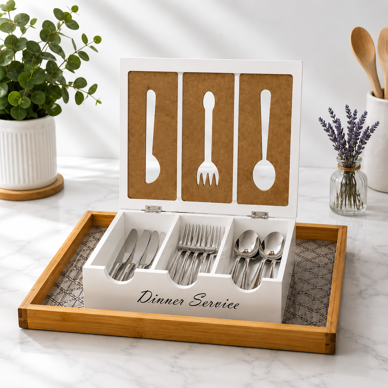 3 Compartment Wooden Cutlery Box with Lid, Wooden Cutlery Organizer Storage Box, Vintage Wooden Cutlery Organizer Box, Spoon, Fork And Knife Storage Holder