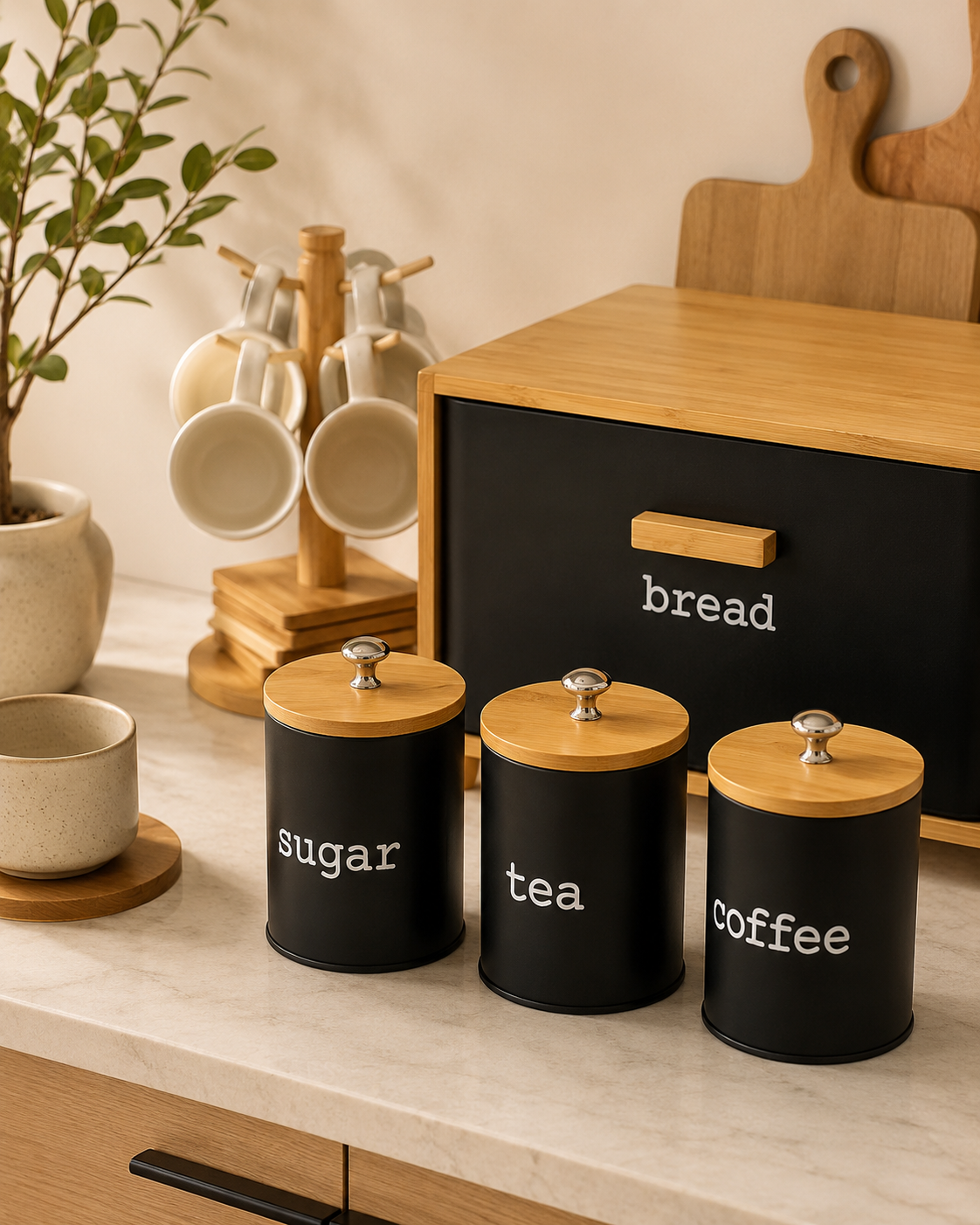 4pcs Nordic Bamboo Bread Box Set, Countertop Bread Box & Sugar Coffee Tea Set, Bamboo Bread Bin with Storage Canisters, Kitchen Counter Organizer Set