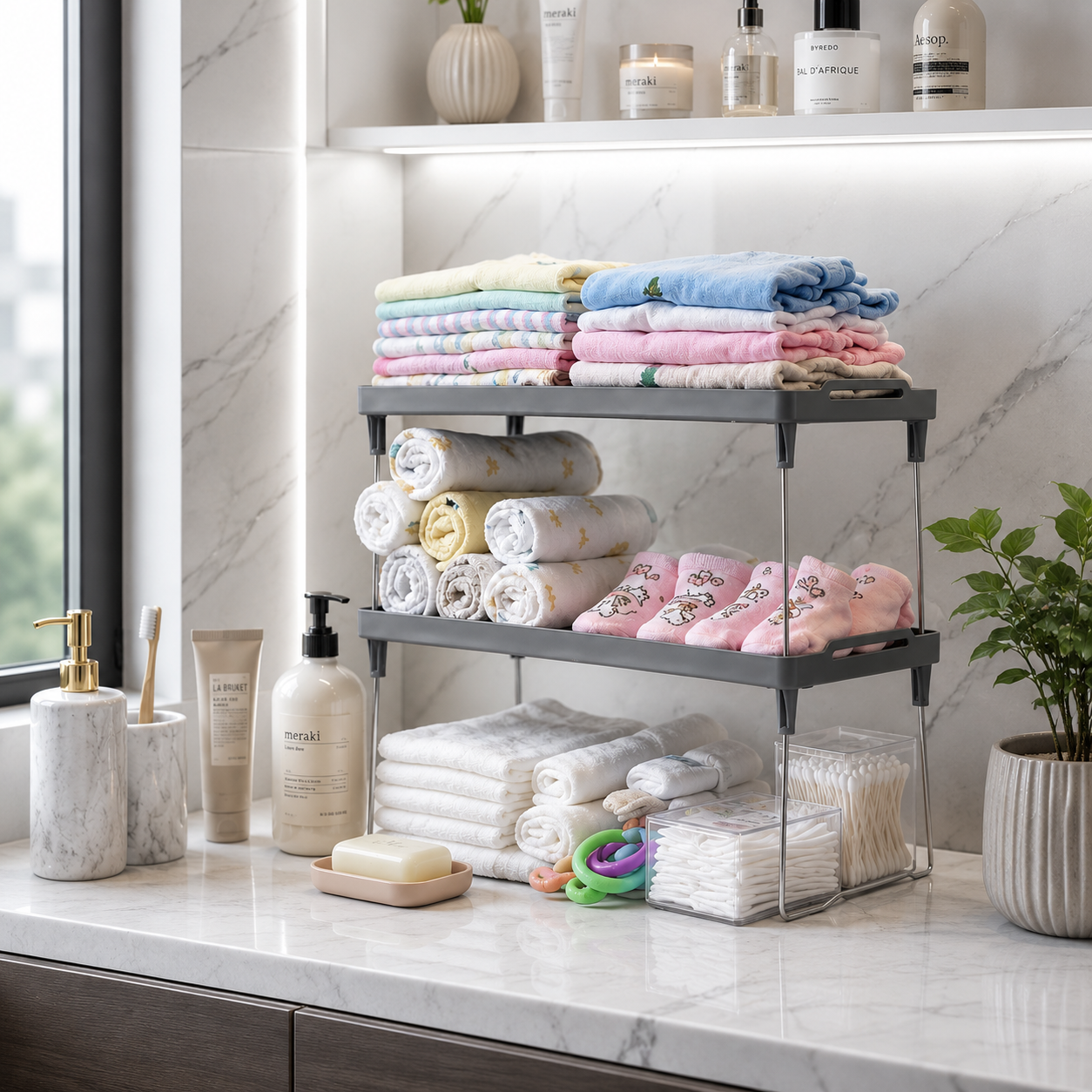 Multipurpose 2 Tier Storage Organizer Rack, Adjustable Countertop Storage Shelf, Space Saving Storage Organizer, 2 Tier Countertop Vanity Rack