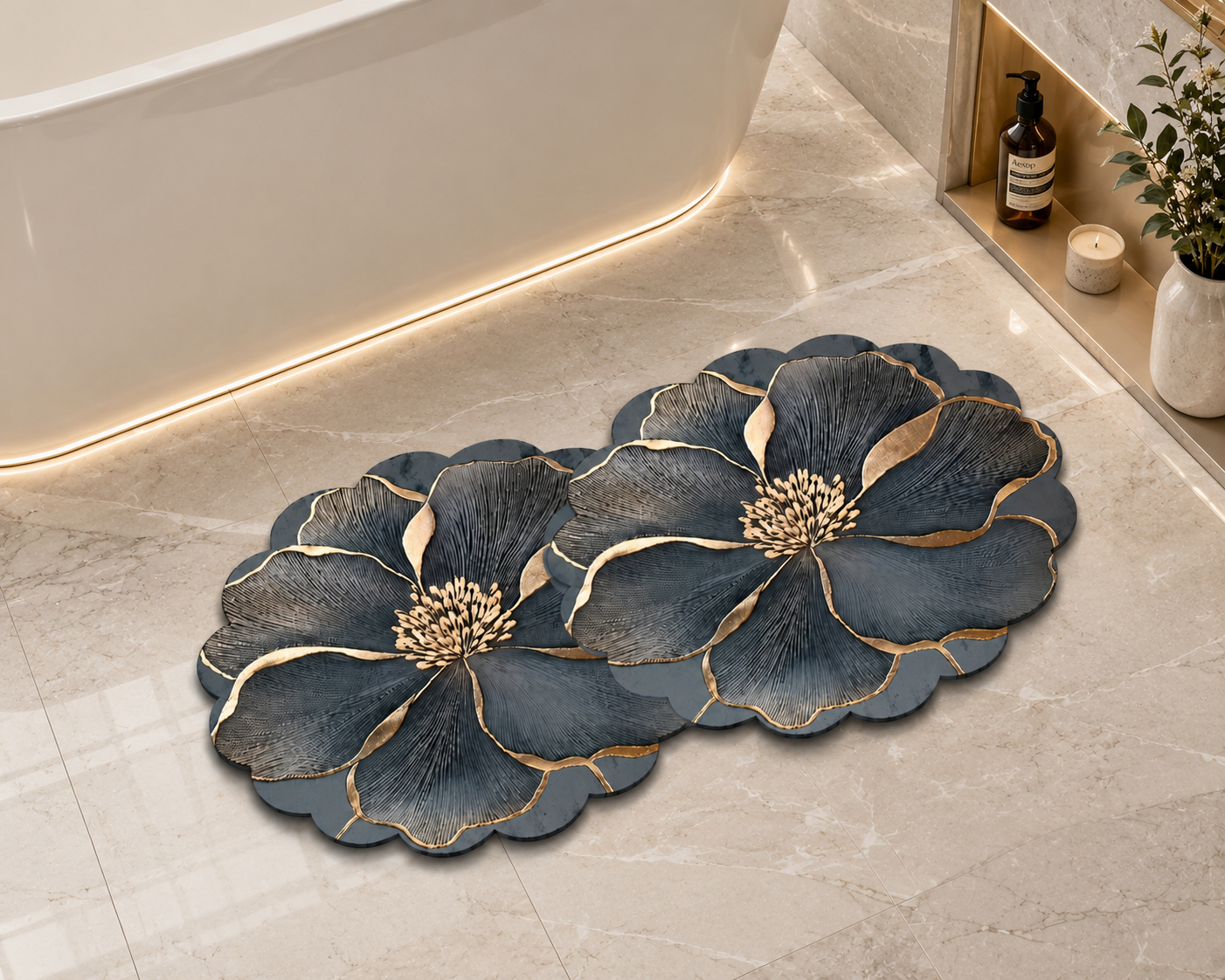 Anti Slip Gold Floral Pattern Bath Mat, Flower Design Washable Door Mat, Cute Flower Plush Floor Rug