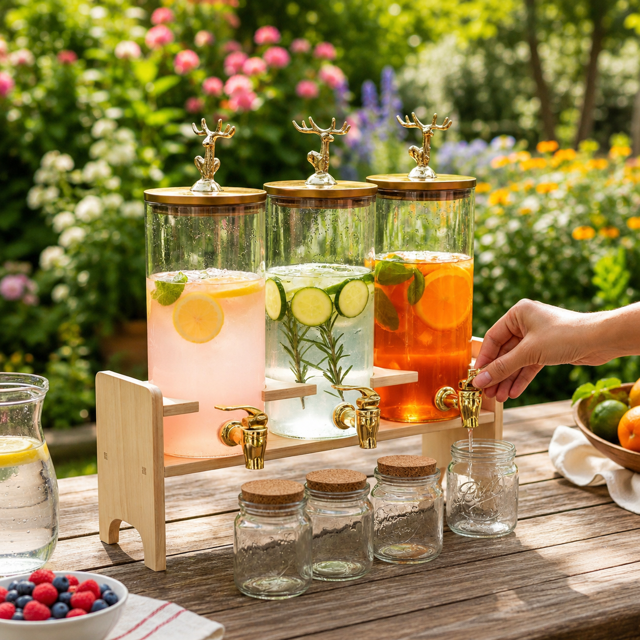 Triple Juice Dispenser With Gold Deer Lid, Glass Drink Dispenser With Wooden Stand, Luxury Beverage Station With Taps