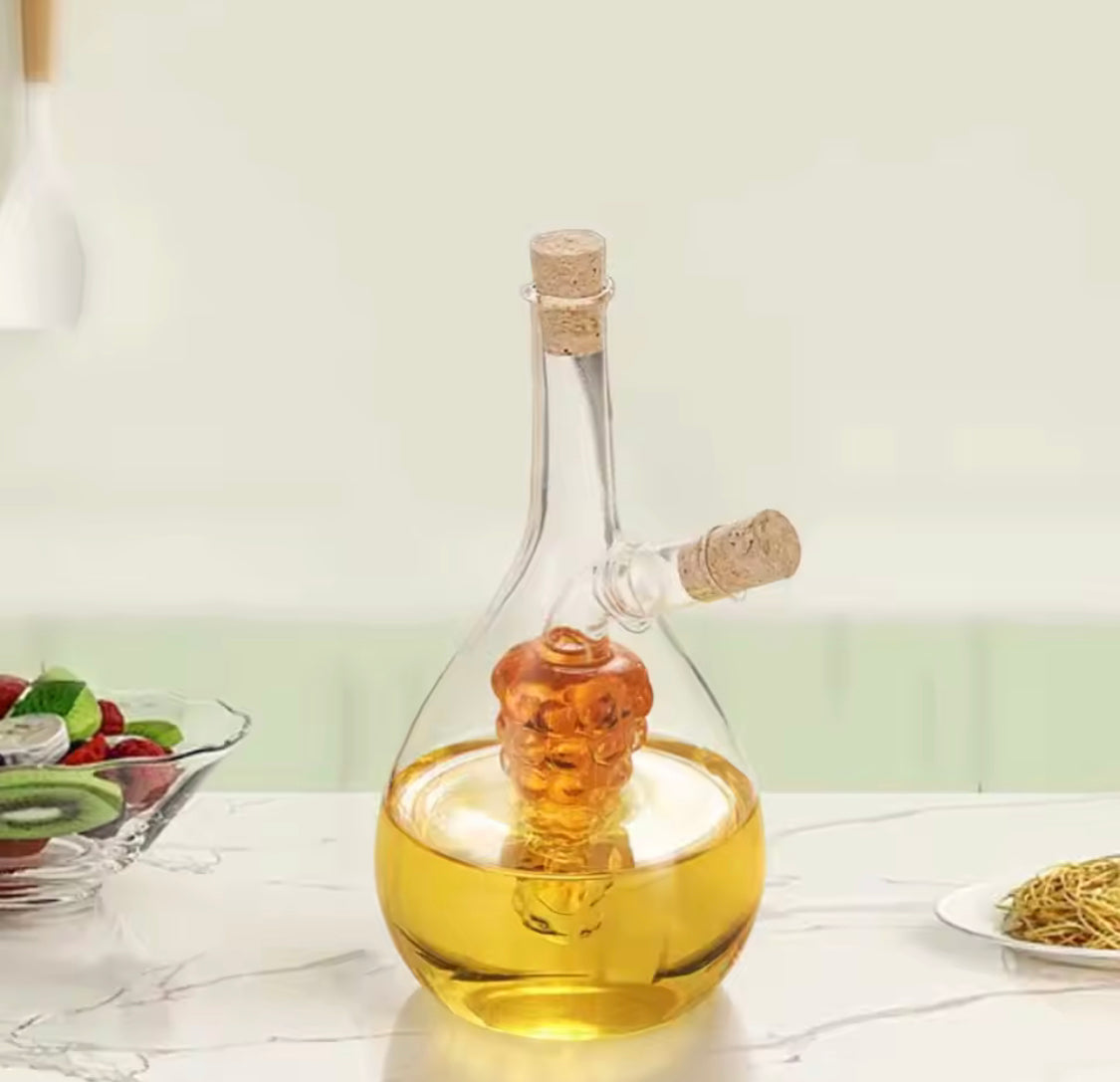 2 In 1 Transparent Glass Oil Bottle with Lid, Creative Double Mouth Glass Seasoning Oil Pot,  2 in 1 Kitchen Cruet Bottle with Cork Stopper