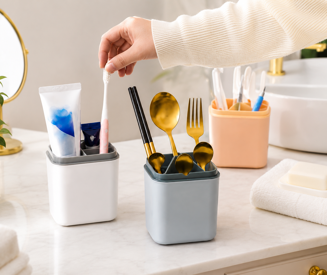 4 Grid Multi Purpose Organizer Holder, Desktop & Bathroom Storage Organizer, Multipurpose Cutlery And Toothbrush Holder