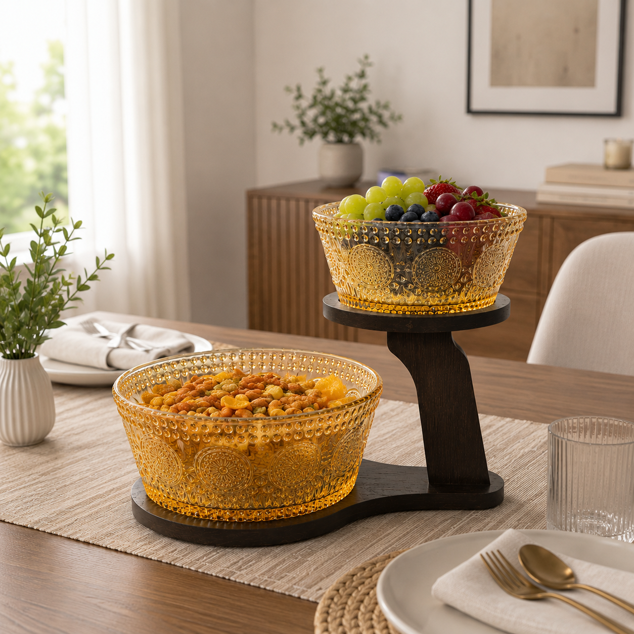 Nordic 2 Tier Dessert And Snack Display Stand, Elegant Glass Fruit Bowl With Wooden Stand, Luxury Glass Serving Bowls With Wooden Base