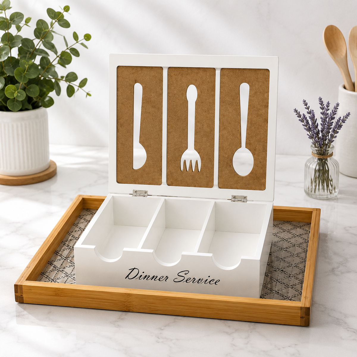 3 Compartment Wooden Cutlery Box with Lid, Wooden Cutlery Organizer Storage Box, Vintage Wooden Cutlery Organizer Box, Spoon, Fork And Knife Storage Holder