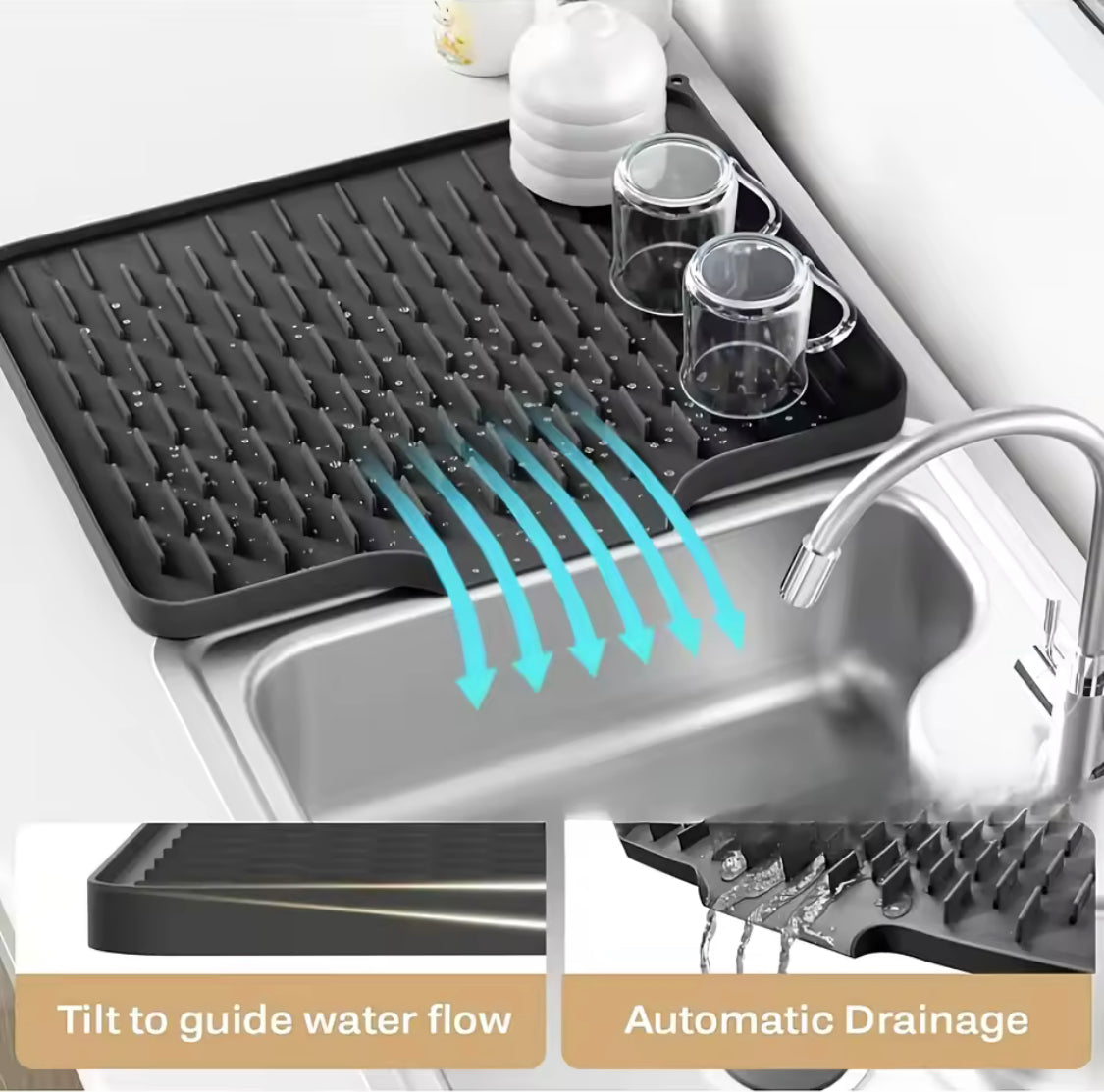 Silicone Anti Slip Kitchen Drain Matt, Waterproof Kitchen Drying Pad, Heat Resistant Silicone Drain Mat, Modern Silicone Countertop Mat