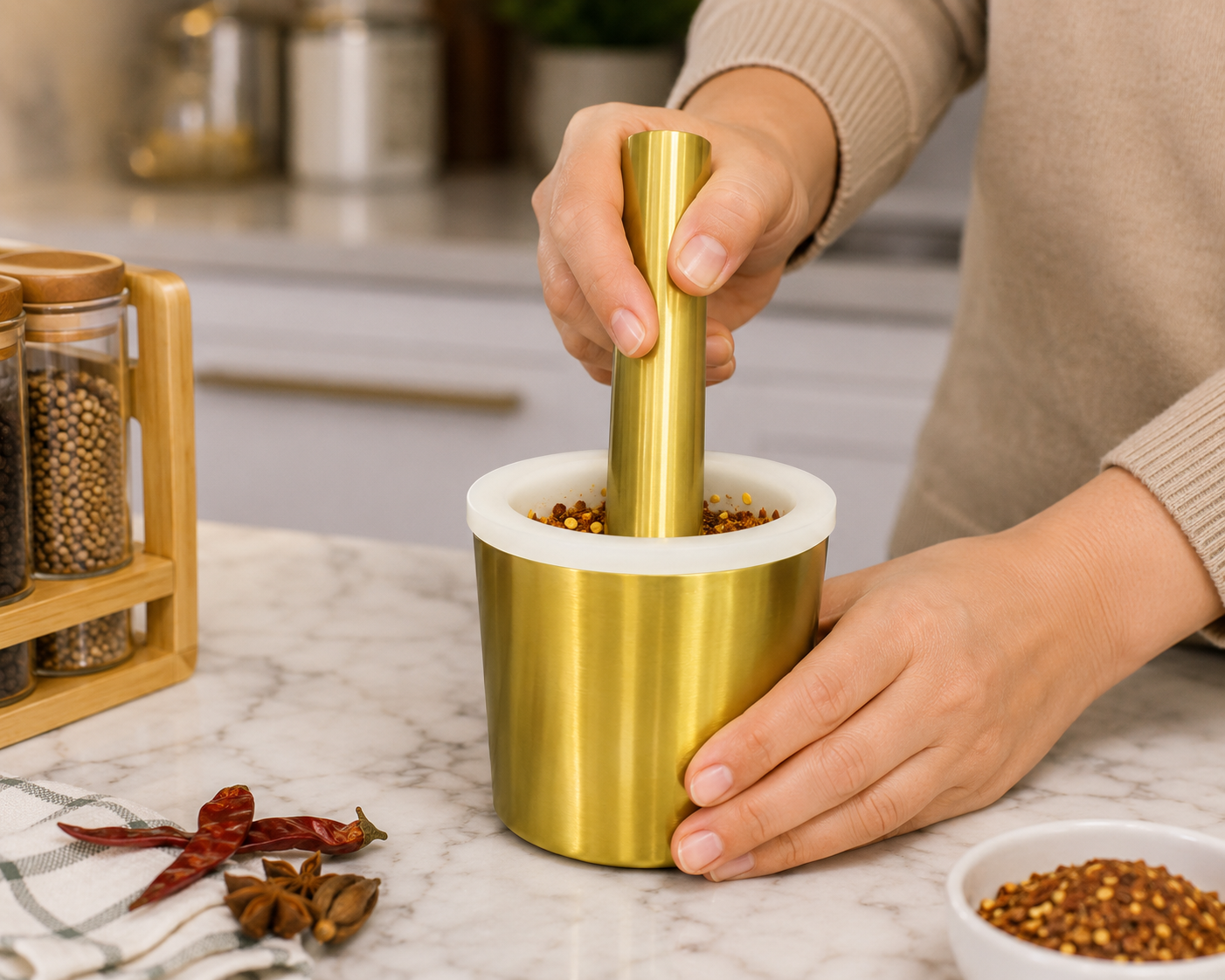 Stainless Steel Spice Crusher And Herb Grinder, Anti-Slip Chillies Crusher Jar, Multifunctional Garlic Herb Spice Pill Cup Grinder, DIY Sauce Making Mills, Marble Pattern Pestle Grinding Tool For Kitchen