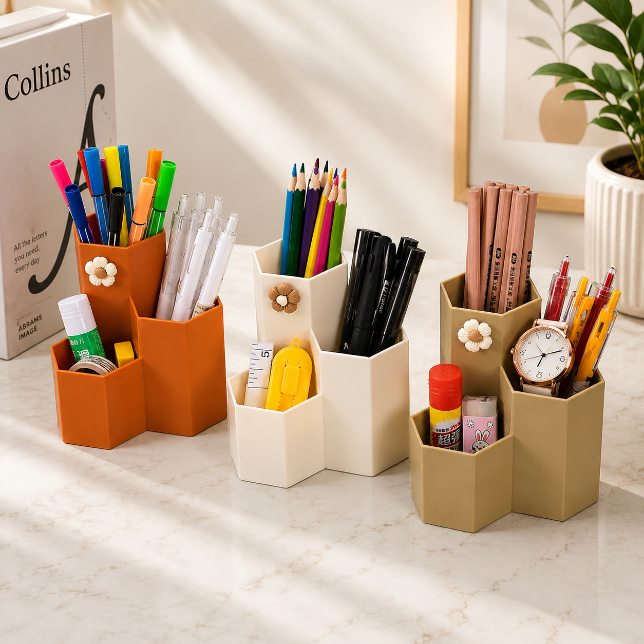 Floral Hexagon Pen Holder, Cute Floral Desk Storage Box, Modern Hexagon Organizer Stand, Multi Compartment Desk Caddy