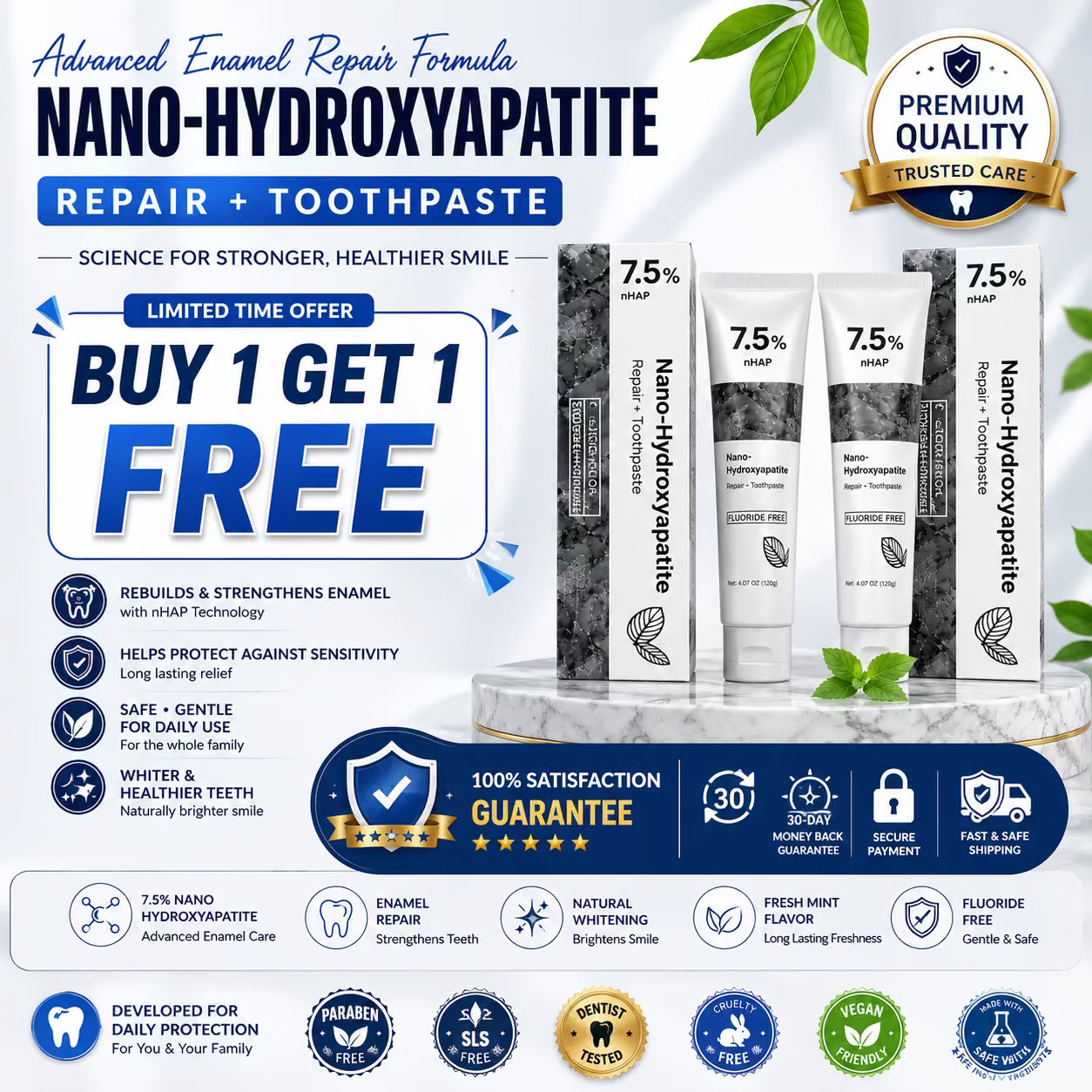 7.5% Nano-Hydroxyapatite Enamel Repair & Whitening Toothpaste