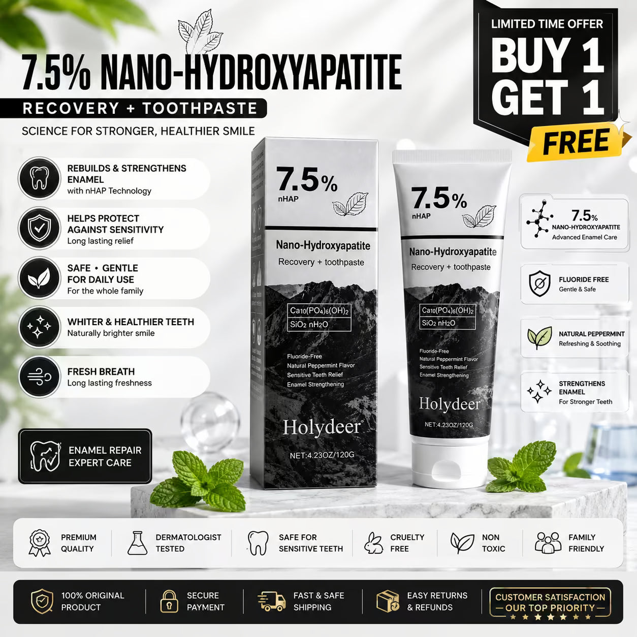 7.5% Nano-Hydroxyapatite Enamel Repair & Whitening Toothpaste