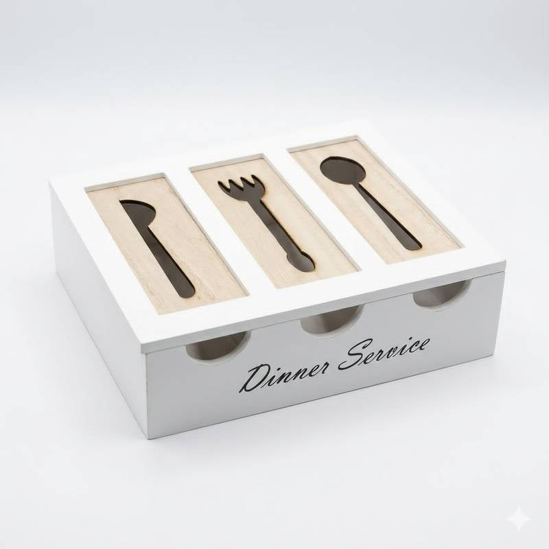3 Compartment Wooden Cutlery Box with Lid, Wooden Cutlery Organizer Storage Box, Vintage Wooden Cutlery Organizer Box, Spoon, Fork And Knife Storage Holder