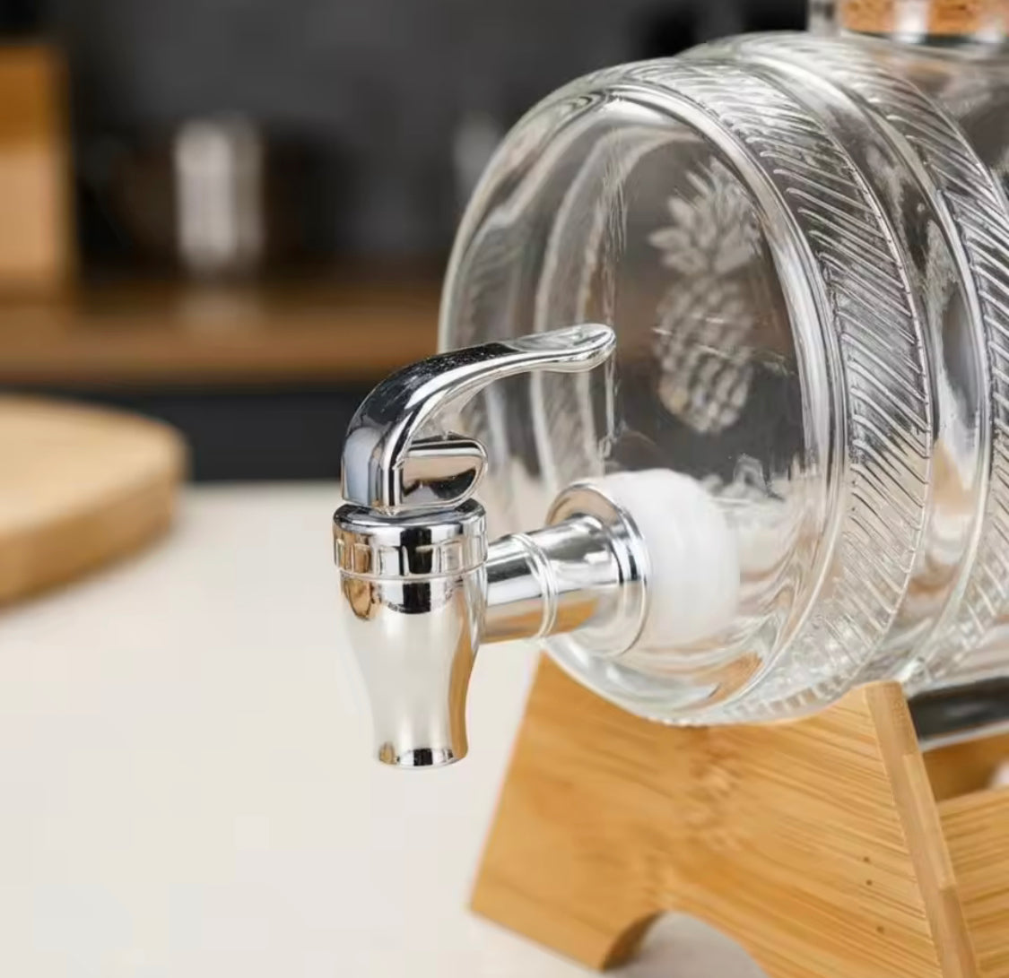 5L Crystal Barrel Glass Beverage Dispenser, Vintage Glass Drink Dispenser with Wooden Stand, Decorative Glass Lemonade Barrel, Elegant Serving Beverage Dispenser