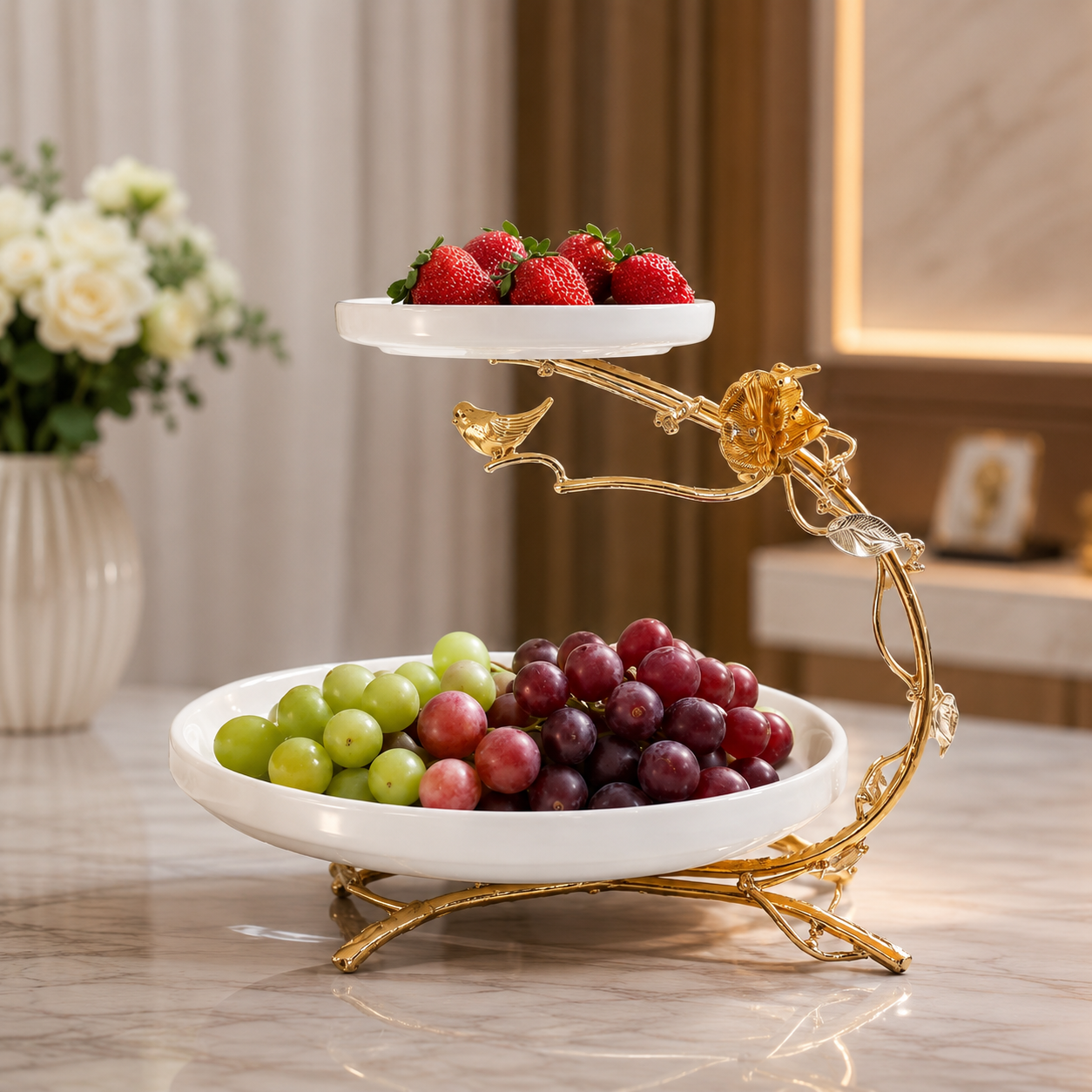 2 Tier Ceramic Cake Stand with Gold Edge, Luxury Two Tier Fruit Stand, Elegant Ceramic Fruit Serving Stand