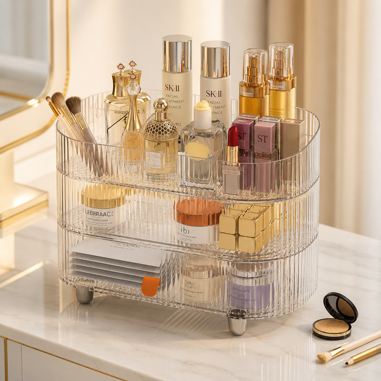 3 Tier Luxury Acrylic Makeup Organizer, Crystal Clear Makeup Storage Cabinet, Cosmetic Storage Rack, Vanity Cosmetic Display Rack