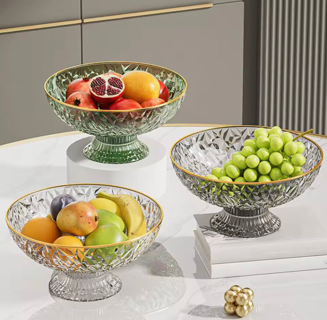 Luxury Fruit Bowl with Gold Rim, Elegant Crystal Pedestal Fruit Serving Bowl, Multipurpose Diamond Cut Fruit Bowl with Gold Edge, Decorative Crystal Centerpiece Bowl