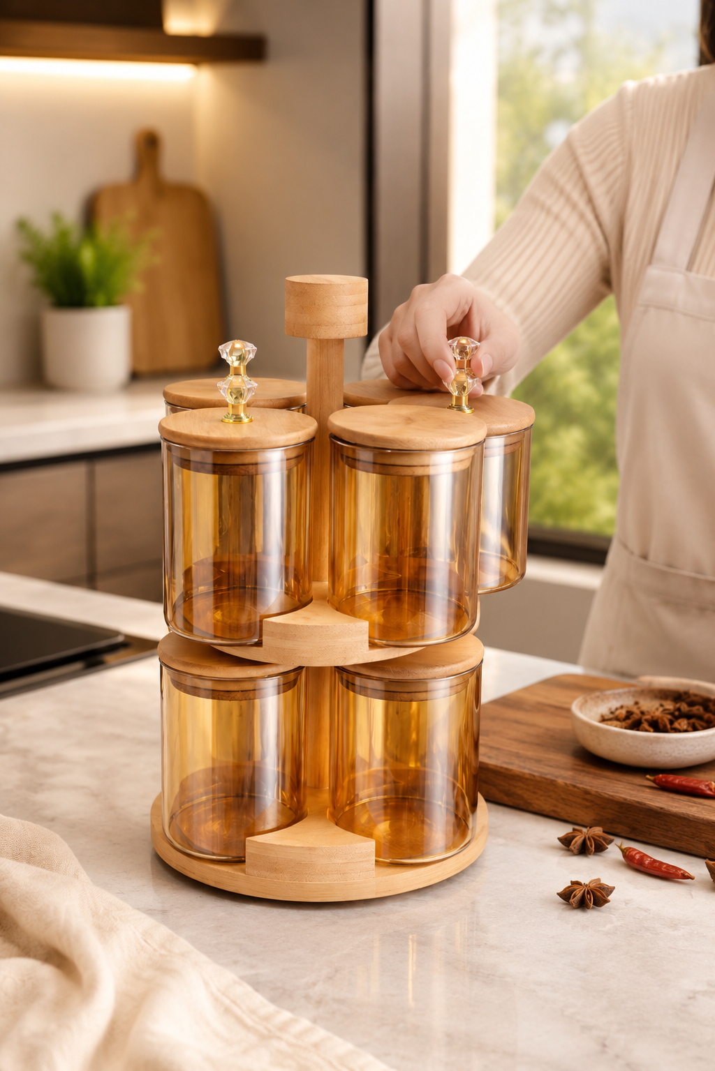 360°  Rotating Spice Rack Set With Bamboo Stand, Airtight Revolving Masala Organizer With Wooden Lids, Kitchen Countertop Spice Holder