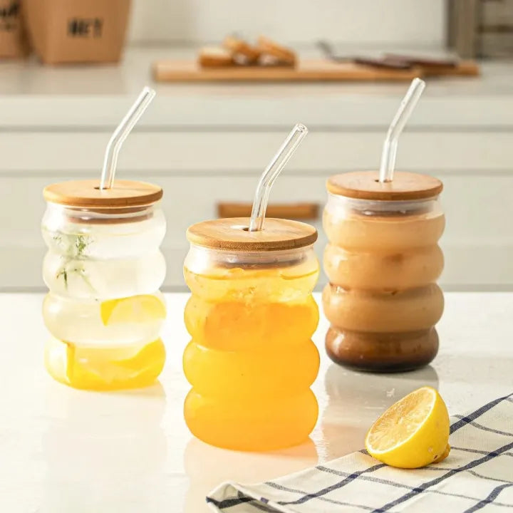 Bubble Glass Tumbler with Lid and Straw, Iced Coffee Mug With Straw With Wooden Lid, Drinking Cup With Lid And Straw