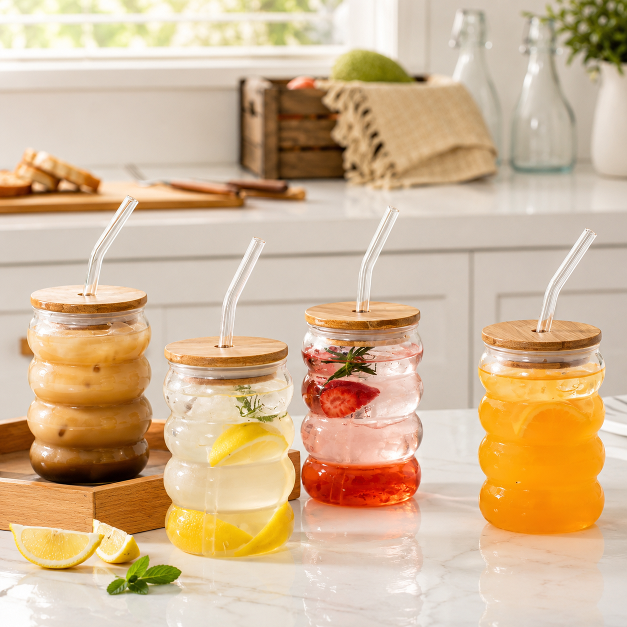 Bubble Glass Tumbler with Lid and Straw, Iced Coffee Mug With Straw With Wooden Lid, Drinking Cup With Lid And Straw