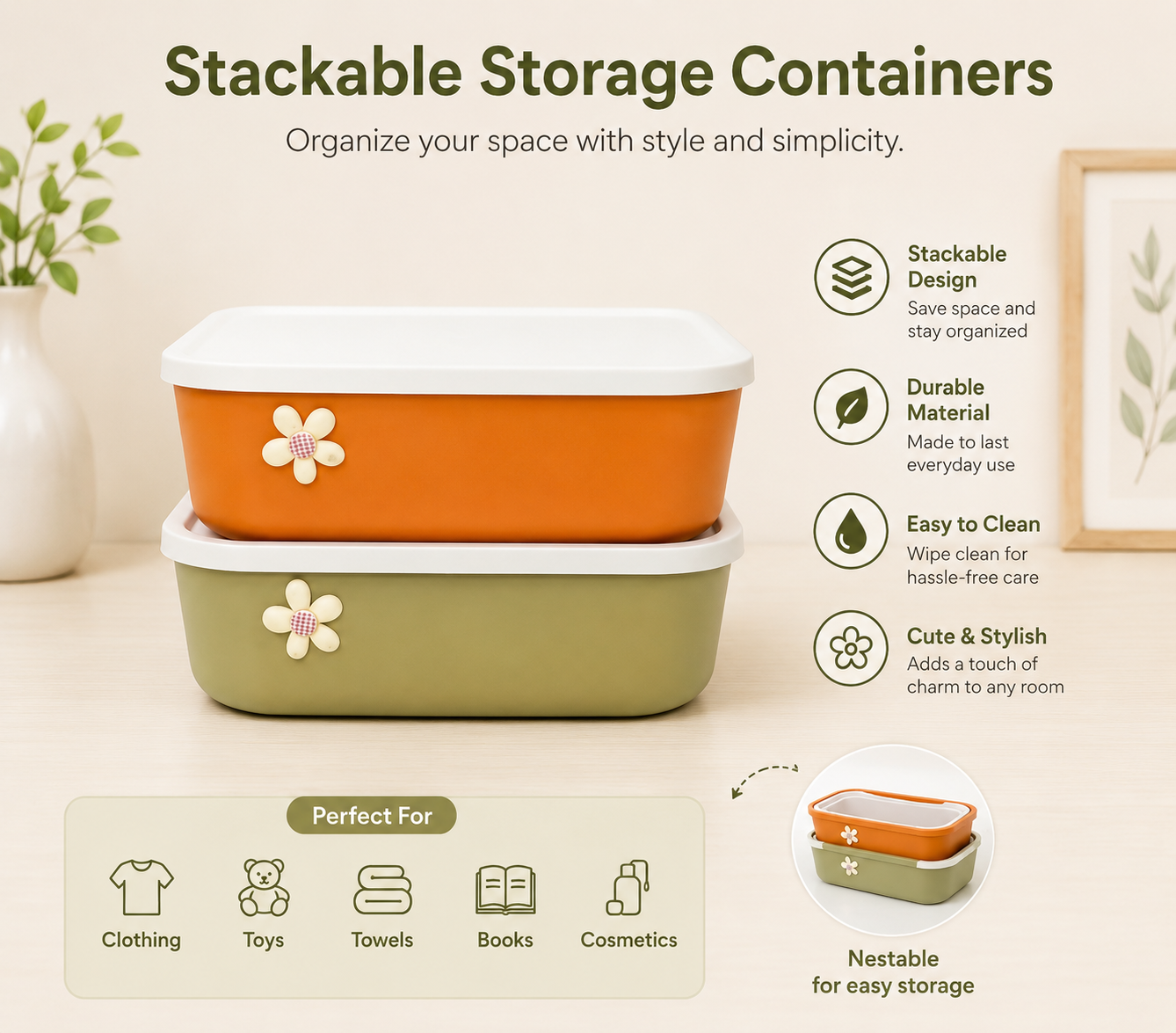 Floral Stack Storage Box, 
Multipurpose Storage Organizer, Stack And Store Storage Container