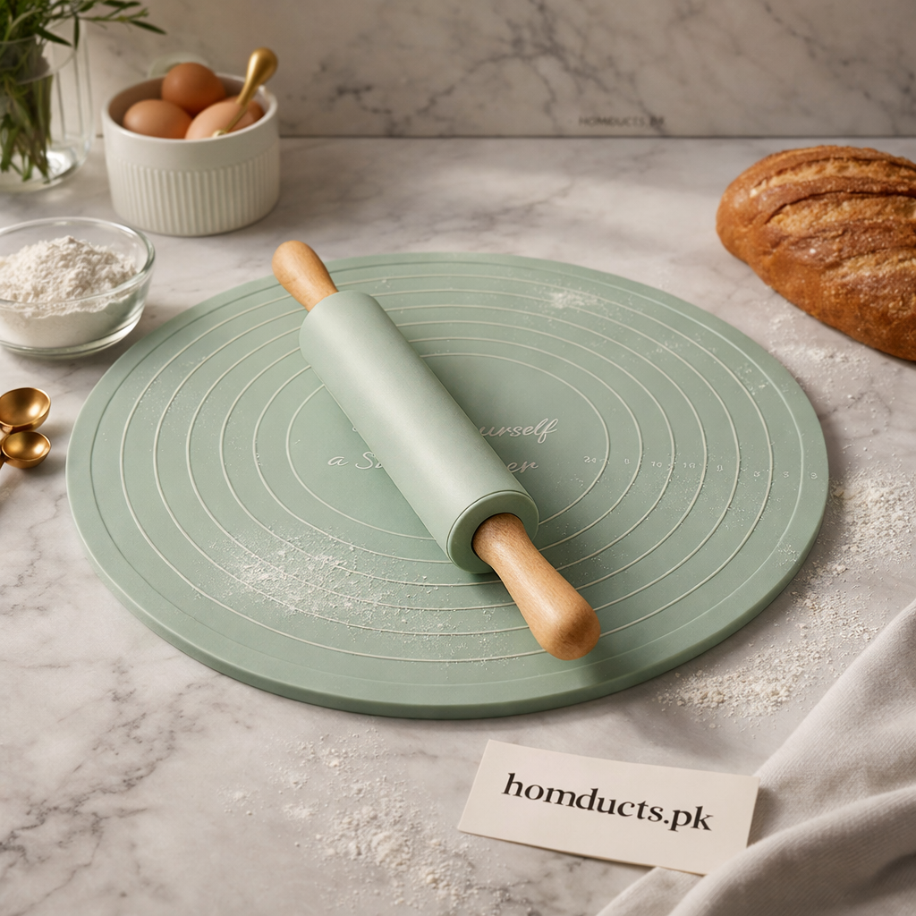 Non-Stick Silicone Dough Rolling Mat with Rolling Pin – Heat-Resistant Insulation Pad for Baking & Pastry Prep (High Quality Box Packing)