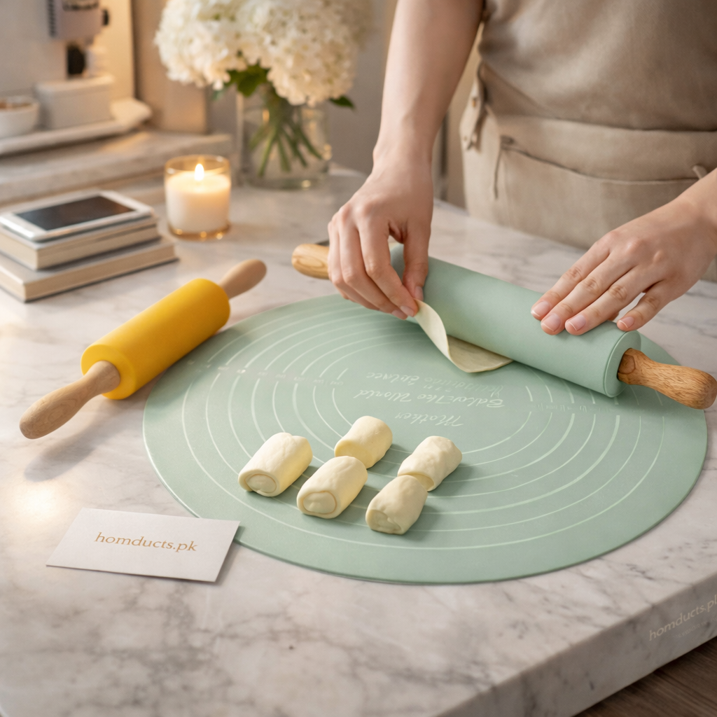 Non-Stick Silicone Dough Rolling Mat with Rolling Pin – Heat-Resistant Insulation Pad for Baking & Pastry Prep (High Quality Box Packing)