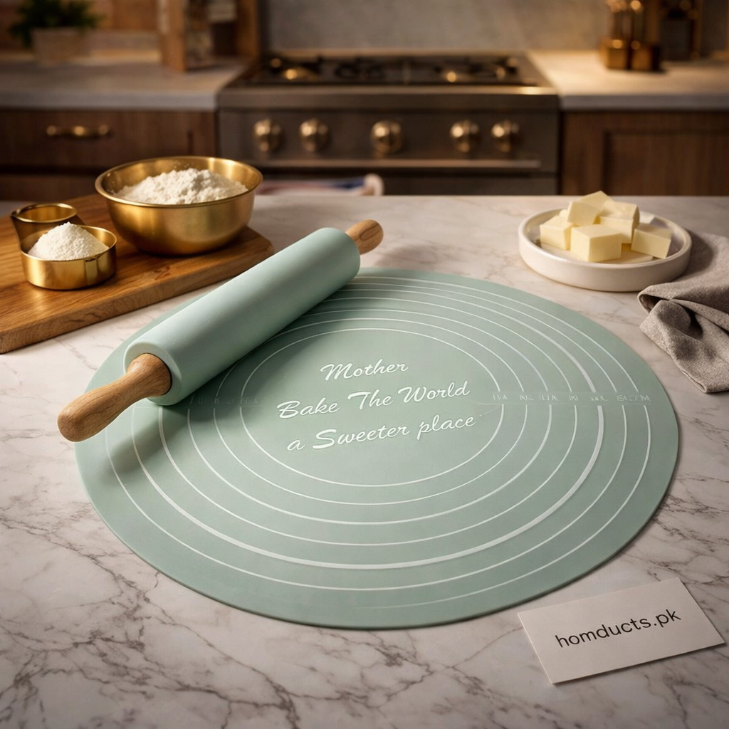 Non-Stick Silicone Dough Rolling Mat with Rolling Pin – Heat-Resistant Insulation Pad for Baking & Pastry Prep (High Quality Box Packing)