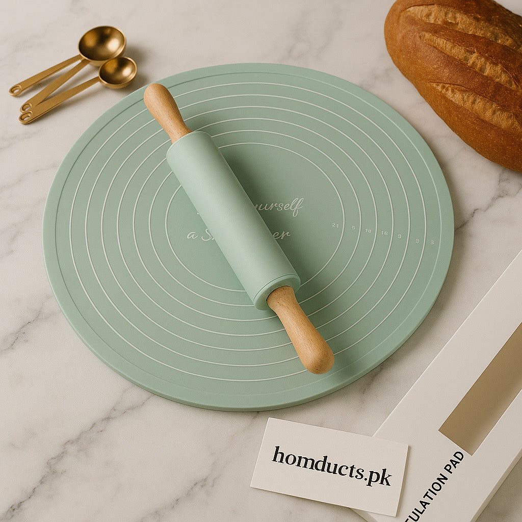 Non-Stick Silicone Dough Rolling Mat with Rolling Pin – Heat-Resistant Insulation Pad for Baking & Pastry Prep (High Quality Box Packing)