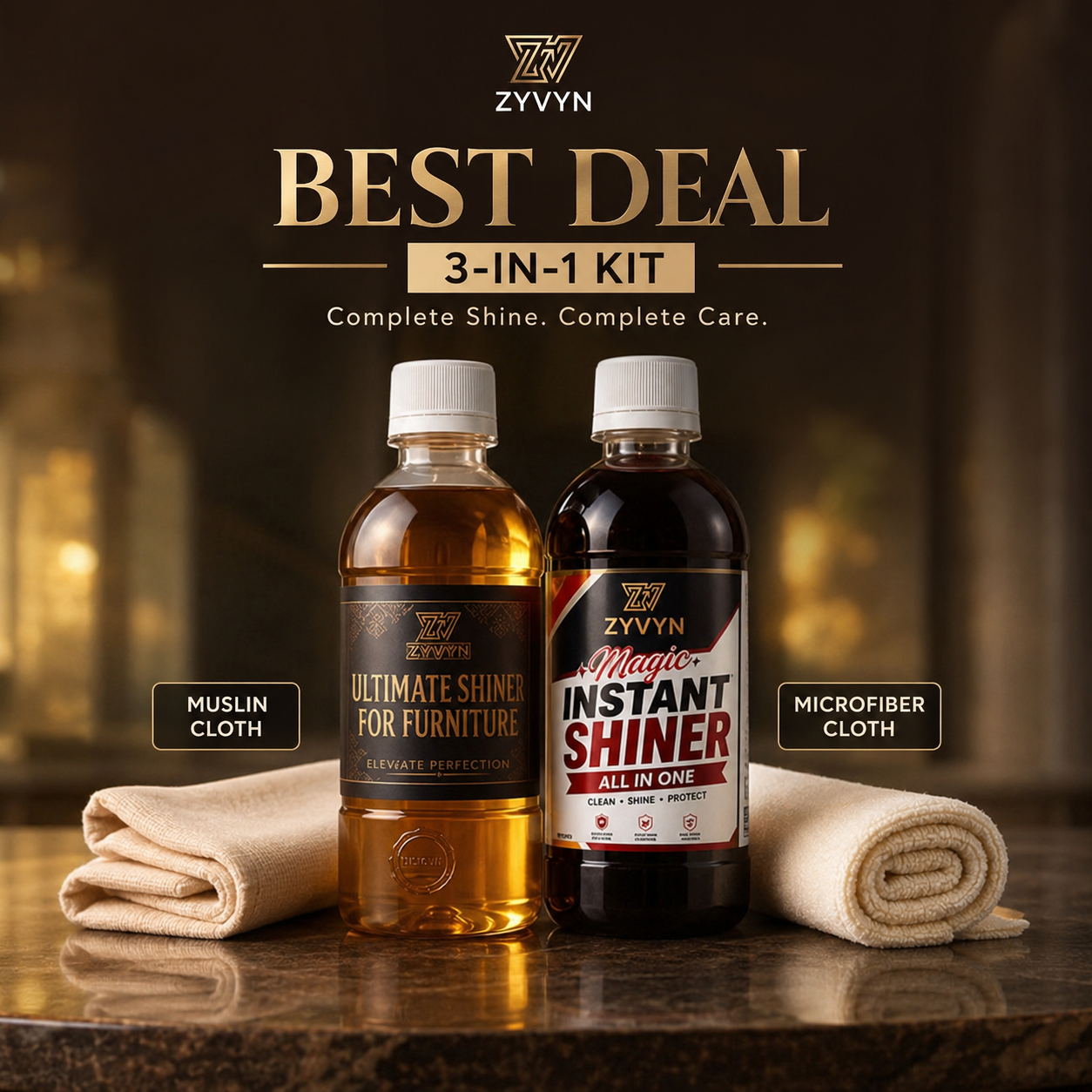 ZYVYN 3-in-1 Premium Shine Kit | Ultimate Furniture Shiner + Instant All-in-One Shiner + Premium Cleaning Cloths