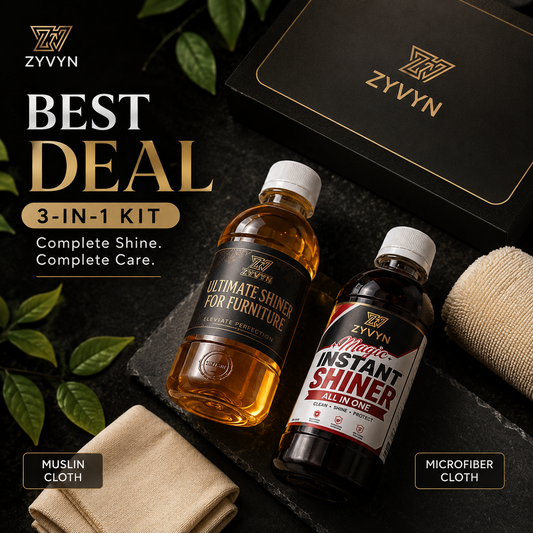 ZYVYN 3-in-1 Premium Shine Kit | Ultimate Furniture Shiner + Instant All-in-One Shiner + Premium Cleaning Cloths
