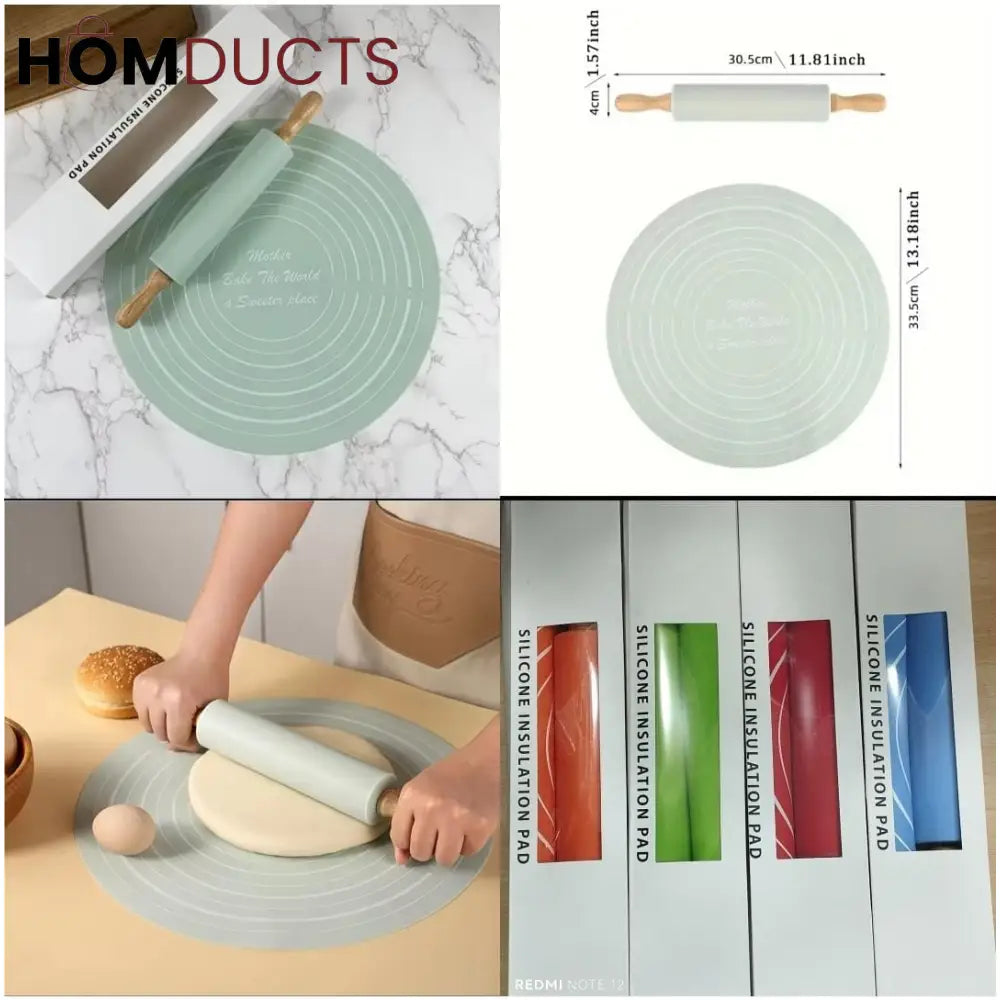 Non-Stick Silicone Dough Rolling Mat with Rolling Pin – Heat-Resistant Insulation Pad for Baking & Pastry Prep (High Quality Box Packing)